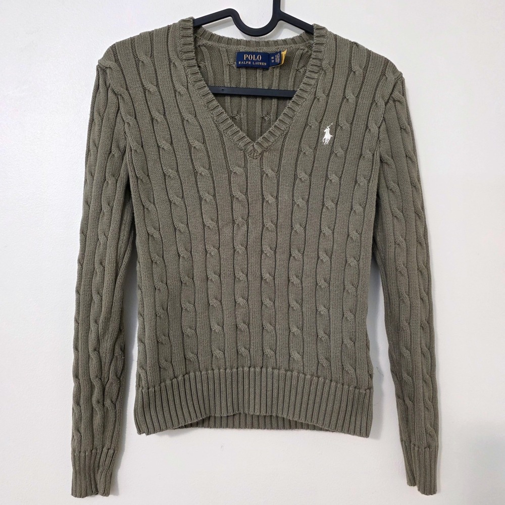 Polo Ralph Lauren Cable Knit Pony Logo Sweater Sz XS Olive Fitted V Neck Preppy